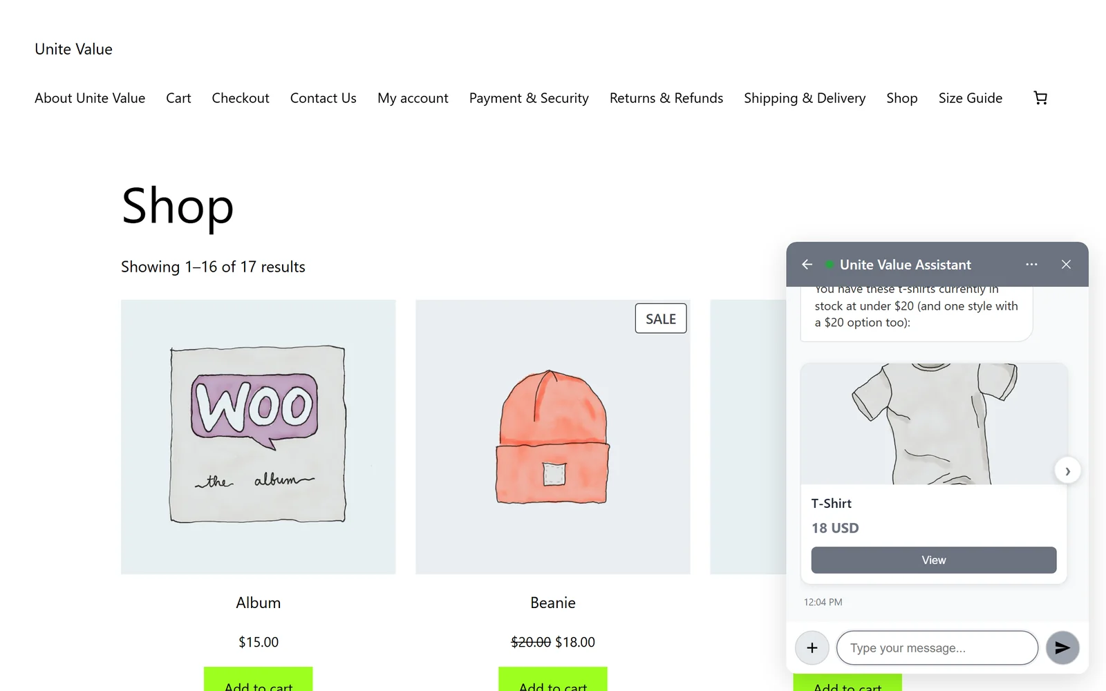 "T-shirts under $20 in stock?" — the bot filters the catalog by price and availability and shows what is left.