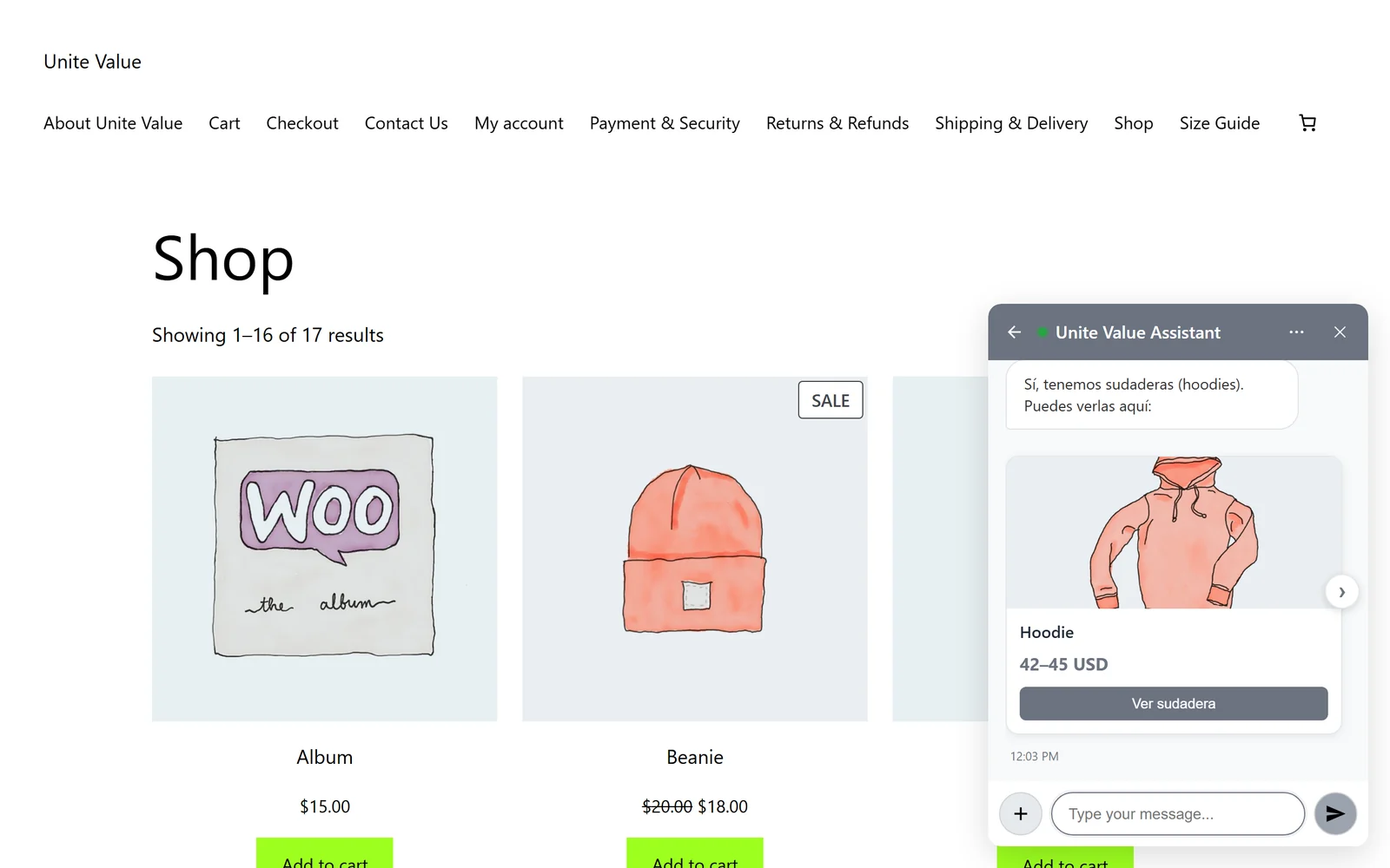Chat widget on a WooCommerce shop answering in Spanish with a product card from the catalog