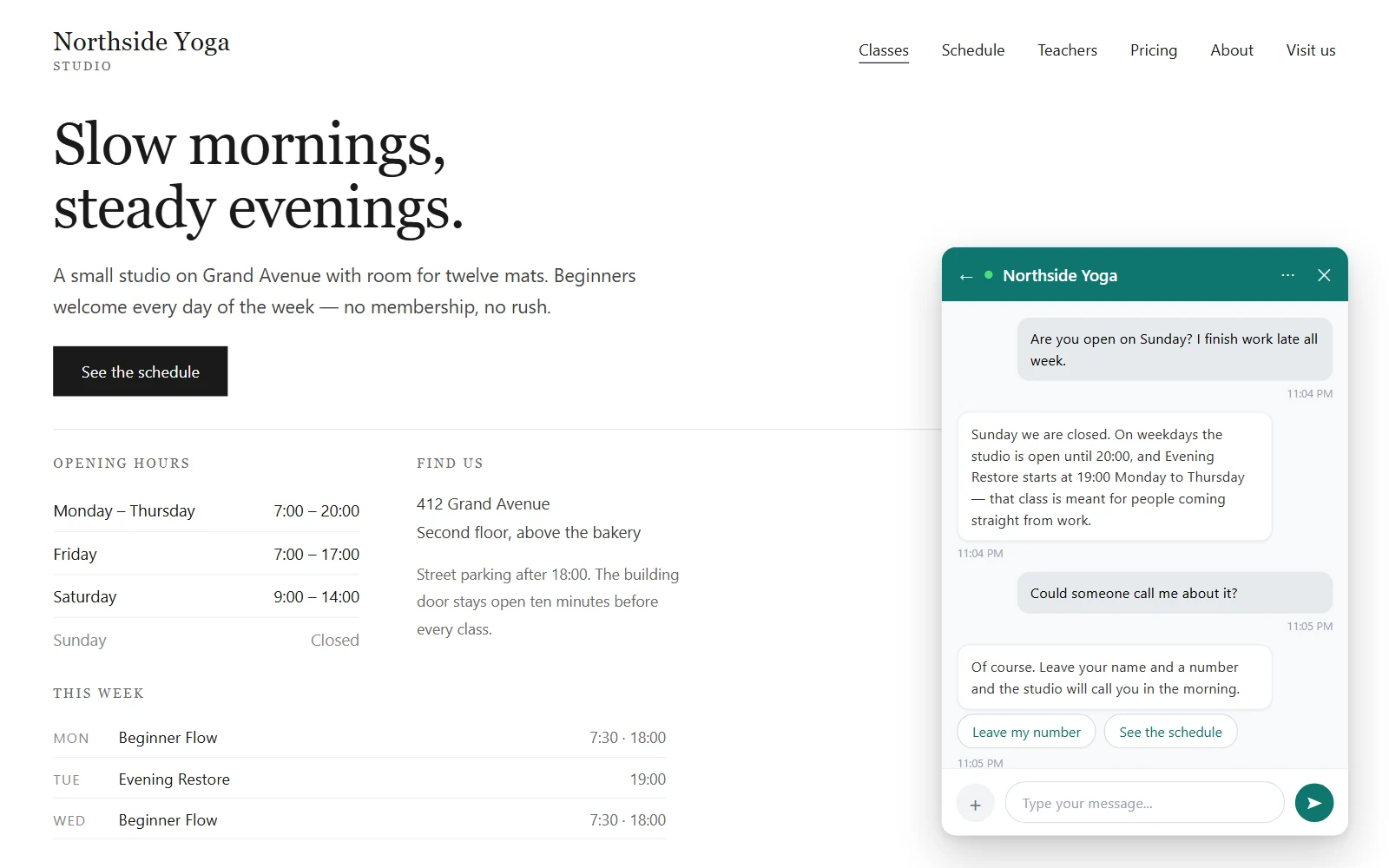 Time Saver Bot chat widget on a WordPress site answering a late-night question from the site's own opening hours