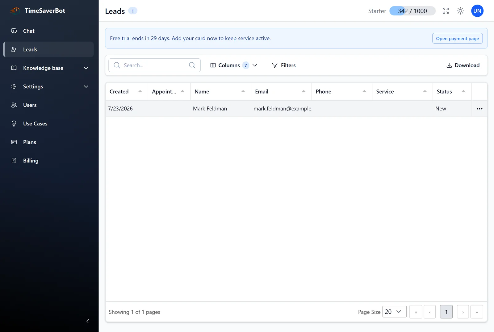 Leads — every contact the bot collected, with the conversation behind it.