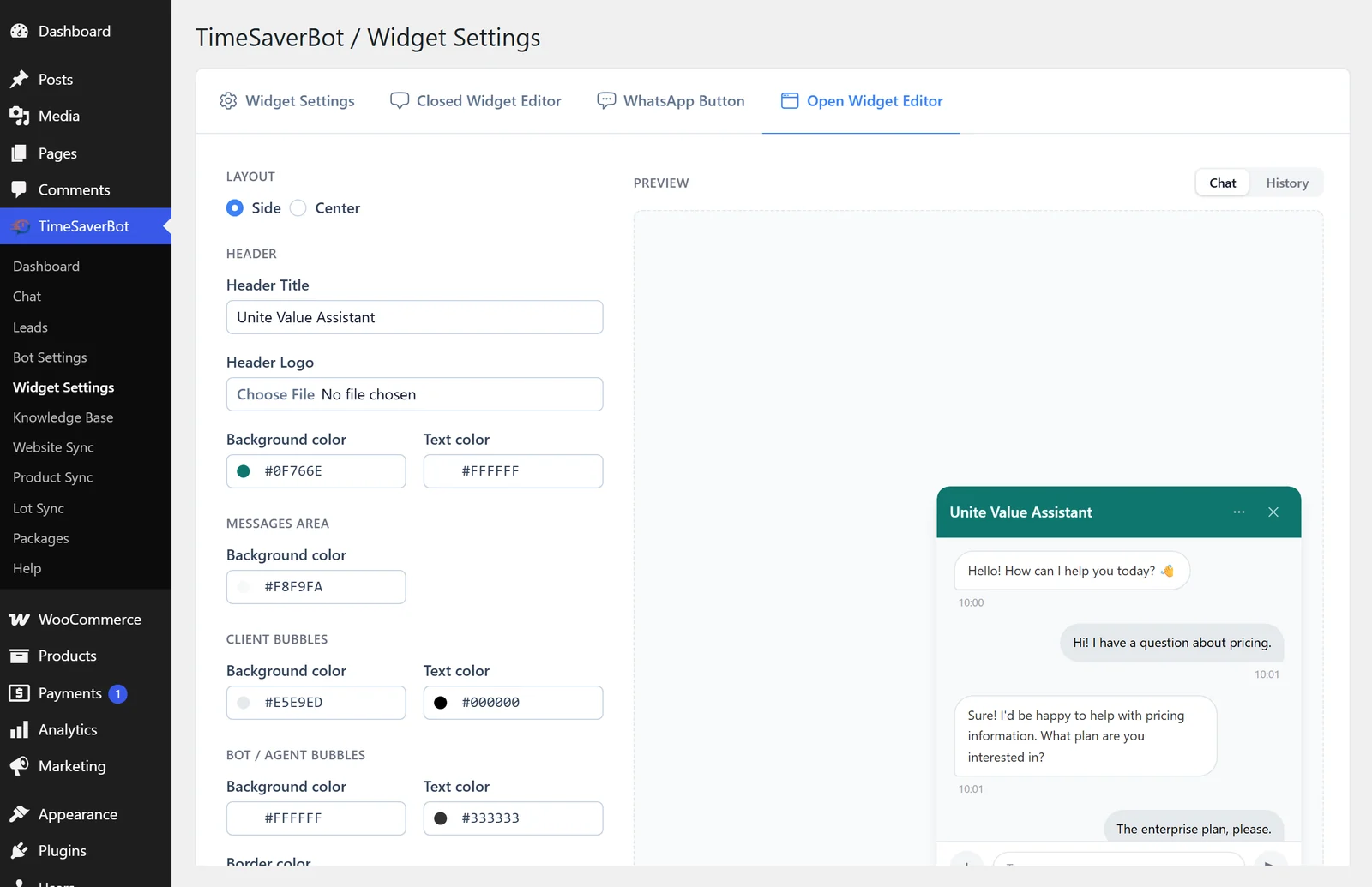 Widget editor — your colors and your chat title, previewed live before anything goes public.