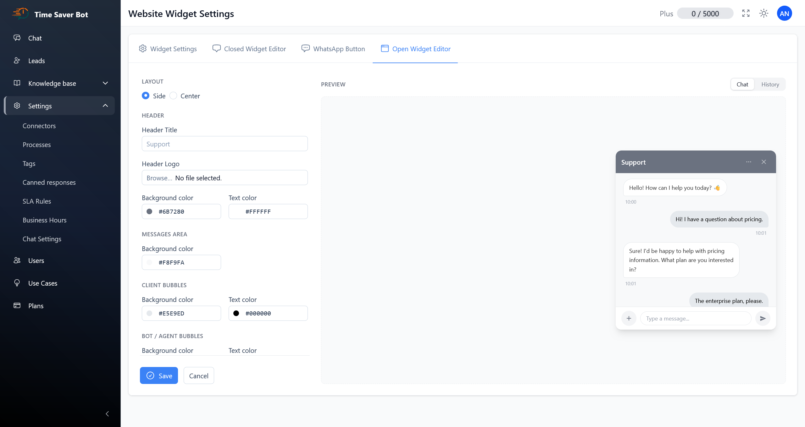 Website widget settings for AI assistant